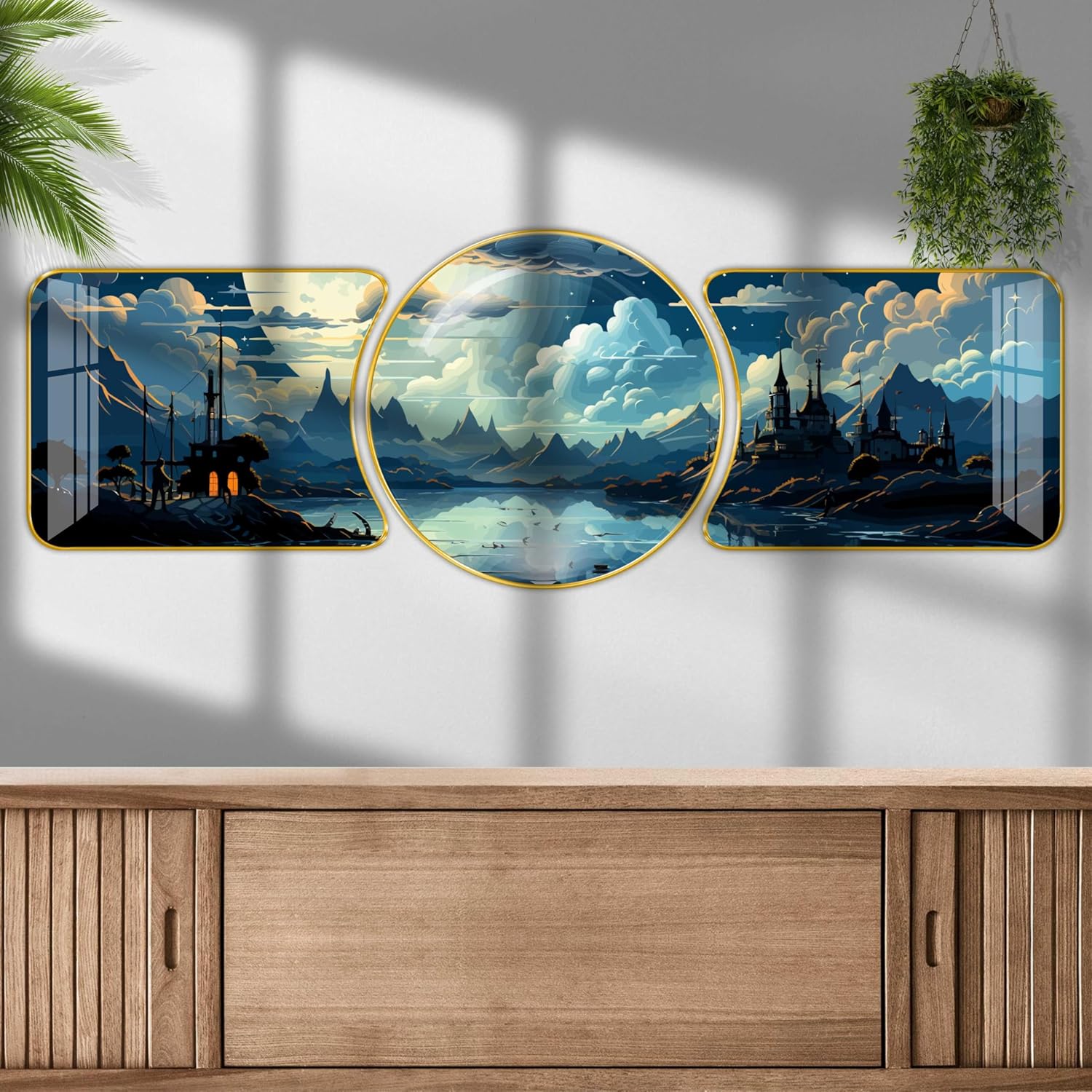 paintings Beautiful Nature scenery modern art Premium Sparkle Lamination Finished Surface Golden Slim Frame -4 paintings Beautiful Nature scenery modern art Premium Sparkle Lamination Finished Surface Golden Slim Frame - Image 1